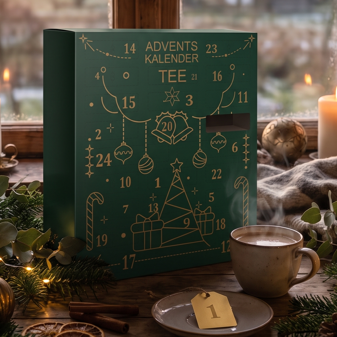 XL Tea Advent Calendar Green Christmas by Graudupes, green box with 24 numbered doors