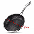 A stainless steel frying pan with a black honeycomb-textured non-stick interior, shown on a white background with a red diagonal measurement line and the text '24cm' indicating the pan's diameter.