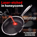 A stainless steel frying pan with a laser-etched honeycomb pattern on the bottom, shown with a laser pointer and text overlays explaining the etching and non-stick properties.