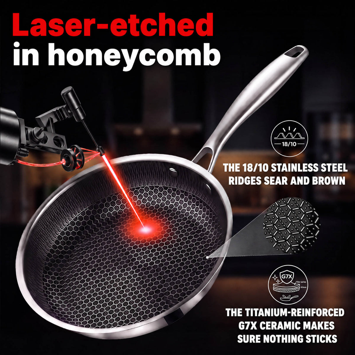 A stainless steel frying pan with a laser-etched honeycomb pattern on the bottom, shown with a laser pointer and text overlays explaining the etching and non-stick properties.