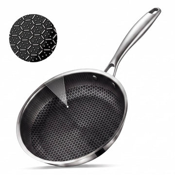 A stainless steel frying pan with a black honeycomb-patterned non-stick interior, shown on a white background with a circular inset detail of the textured surface.