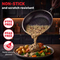 A non-stick metal frying pan is shown pouring creamy mushroom sauce over a plated chicken and vegetables in a kitchen setting. Large text reads “NON-STICK and scratch resistant,” with badges stating “PTFE FREE,” “PFAS FREE,” and “Metal utensils allowed.