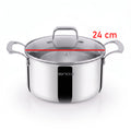 A stainless steel Zinox Clad Tri-Ply cooking pot with a glass lid and side handles, shown on a white background with a red measurement line across the lid indicating 24 cm width.