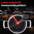 A laser-engraved honeycomb pattern on the inside of a Zinox Clad pot, shown with a laser pointer graphic and text calling out G7X ceramic reinforcement and 18/10 stainless steel construction.