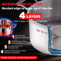 An infographic-style product feature graphic for a Zinox Clad Tri-Ply integral multilayer pot. The image shows a close-up of the pot's exterior and interior with text highlighting 4 layers, bonded edge to edge, up to the rim. The layers are numbered 1. G7X Ceramic, titanium einforced. 2. 18/10 stainless steel cooking surface. 3. pure aluminum core conducts heat. 4. manetic 430 stainless steel, induction compatible.
Phrase at the bottom: Heats up fast, no burning center