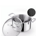A stainless steel stockpot with a clear glass lid, shown on a white background with a black ceramic coating in a hexagon shape inside, and a small ZINOX logo on the pot.