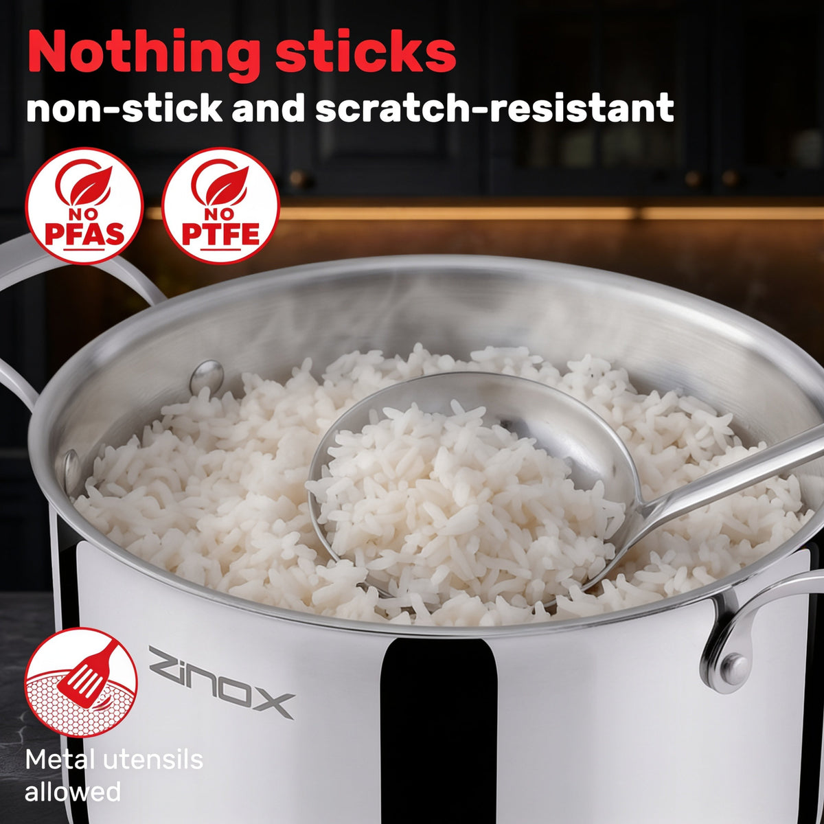 A stainless steel Zinox Clad pot filled with white rice on a dark kitchen background, with promotional text reading 'Nothing sticks non-stick and scratch-resistant' and icons for no PFAS and no PTFE. ANother icon saying "metal utensils allowed"