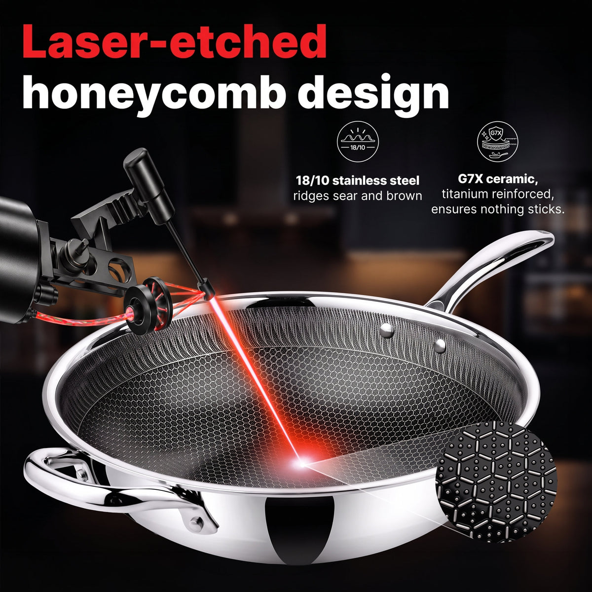 A Zinox Clad stainless steel Wok with a laser-etched honeycomb design, shown with a laser beam scratching the interior stainless steel to form the pattern. Text highlights the laser-etched honeycomb design, 18/10 stainless steel ridges, and G7X ceramic with titanium reinforcement.