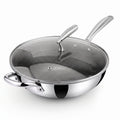 A stainless steel Zinox Clad wok with a weighted glass lid that has a steam vent and an ergonomic stainless steel handle, the wok has a honeycomb textured non-stick ceramic interior and two polished stainless steel handles one long handle and one helper handle on the other side, both handles are riveted to the wok's body. the product is shown on a clean white background.