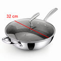 A stainless steel Zinox Clad wok with a weighted glass lid that has a steam vent and an ergonomic stainless steel handle, the wok has a honeycomb textured non-stick ceramic interior and two polished stainless steel handles one long handle and one helper handle on the other side, both handles are riveted to the wok's body. the product is shown on a clean white background with a red measurement line from edge to edge, and text reading 32 cm indicating the wok's diameter.