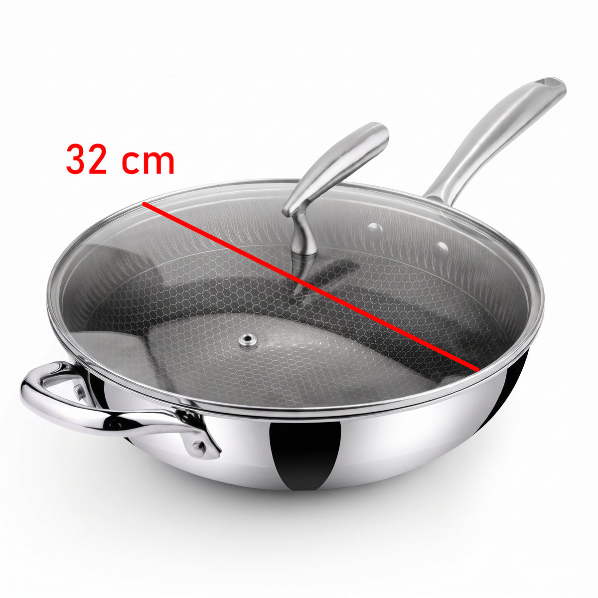 A stainless steel Zinox Clad wok with a weighted glass lid that has a steam vent and an ergonomic stainless steel handle, the wok has a honeycomb textured non-stick ceramic interior and two polished stainless steel handles one long handle and one helper handle on the other side, both handles are riveted to the wok's body. the product is shown on a clean white background with a red measurement line from edge to edge, and text reading 32 cm indicating the wok's diameter.
