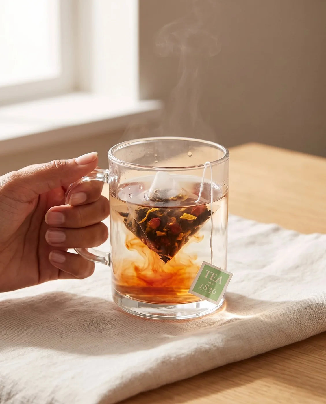 A hand holding a glass mug of tea with a pyramid tea bag steeping