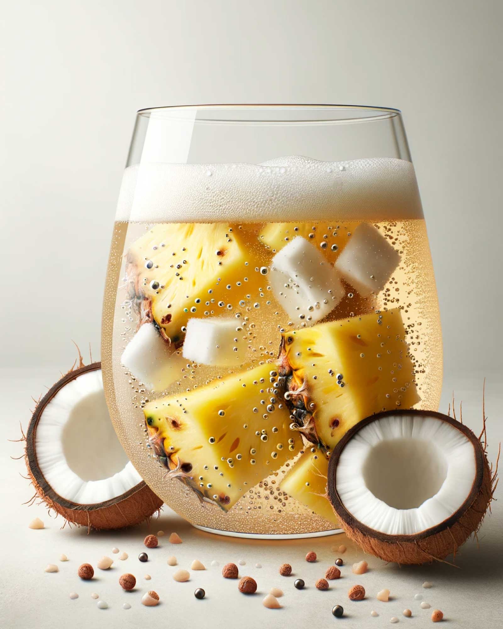 AI created image of a glass with fizzy drink and fruit pieces, Graudupes Coconut & Pineapple Kombucha (Piña Colada) - Natural Fermented Tea Drink With Fruit Juice and Probiotics.