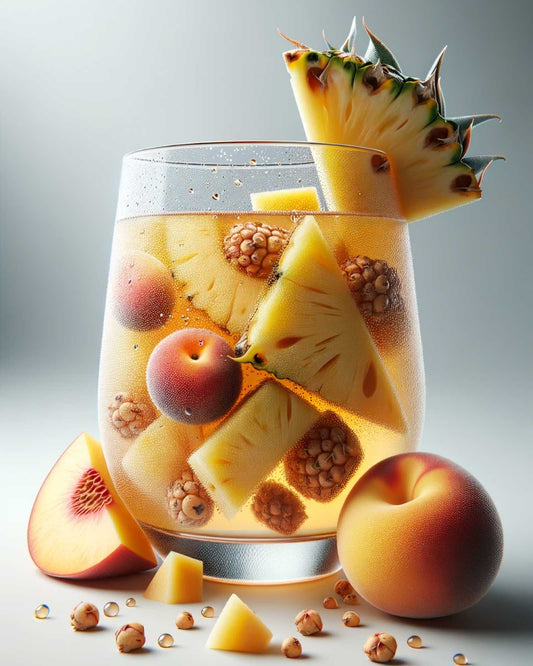 AI generated picture of a fizzy drink in a glass with fruit pieces, Graudupes Pineapple & Peach Kombucha - Natural Fermented Tea Drink With Fruit Juice and Probiotics.