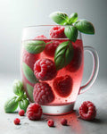 AI generated picture of a fizzy drink in a glass with fruit pieces, Graudupes Raspberry & Basil Kombucha - Natural Fermented Tea Drink With Fruit Juice and Probiotics.