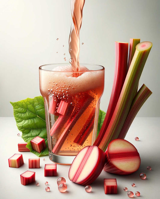 AI generated picture of fizzy drink in a glass with fruit pieces, Graudupes Rhubarb Kombucha - Natural Fermented Tea Drink With Fruit Juice and Probiotics.