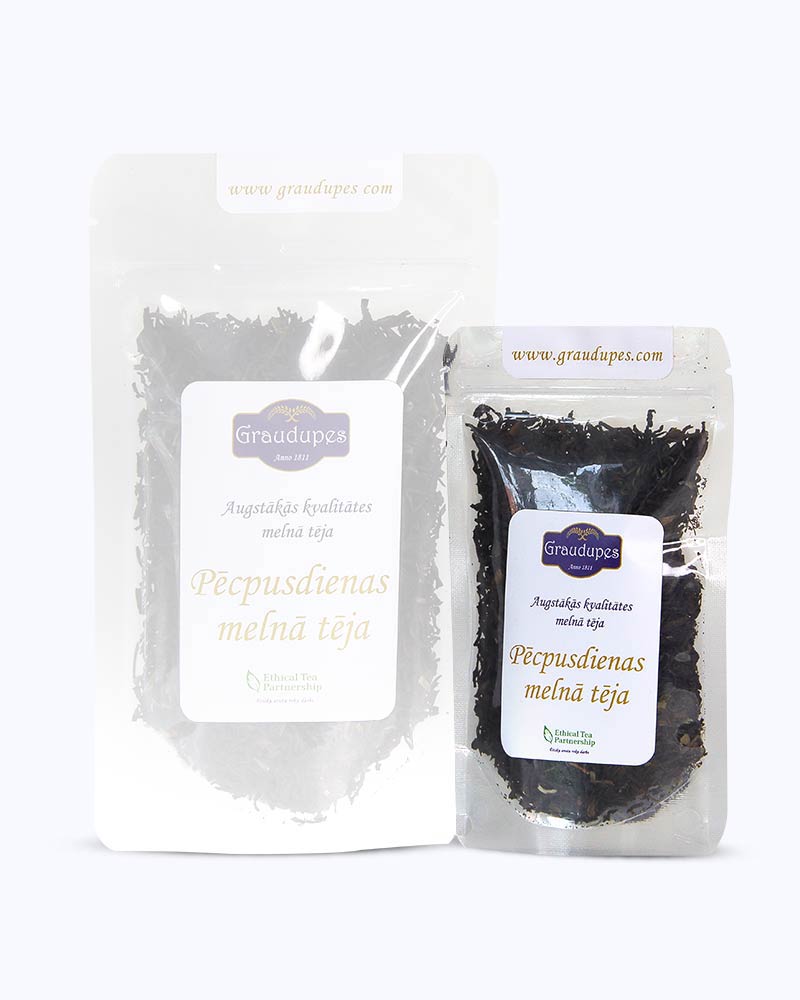 Packed tea in a transparent doypack  25 gram size. Afternoon Tea, Graudupes Classic Darjeeling & Ceylon Tea Blend, premium loose leaf black tea.