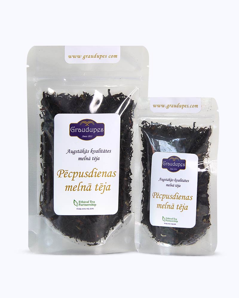 Packed tea two sizes large 50 grams and small 25 grams in transparent doypacks. Afternoon Tea, Graudupes Classic Darjeeling & Ceylon Tea Blend, premium loose leaf black tea.