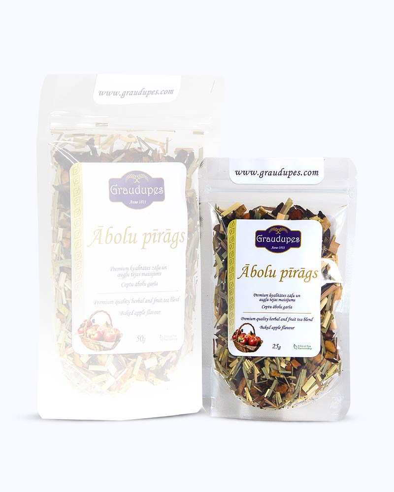 Packed loose leaf tea 25 gram size. Apple pie, Graudupes fruit tea blend, loose leaf tea with apple and cinnamon.