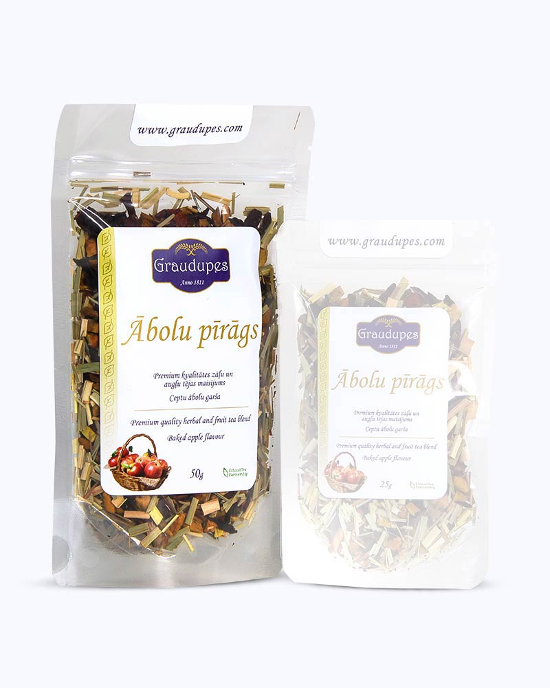 Packed loose leaf tea 50 gram size. Apple pie, Graudupes fruit tea blend, loose leaf tea with apple and cinnamon.