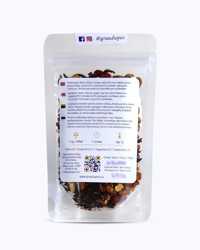 Packed tea in transparent doypack, back side. Berry Blast, Graudupes Fruit and Berry Tea Blend, Loose leaf tea with Hibiscus, Strawberry and Raspberry pieces.