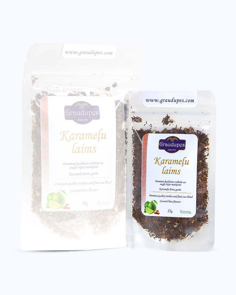 Packed loose leaf tea 25 gram size. Caramel Lime, Graudupes Rooibos Tea Blend, Loose leaf tea Rooibos mix with cocoa pieces and dried lemon peel, Caramel and Lime Taste.
