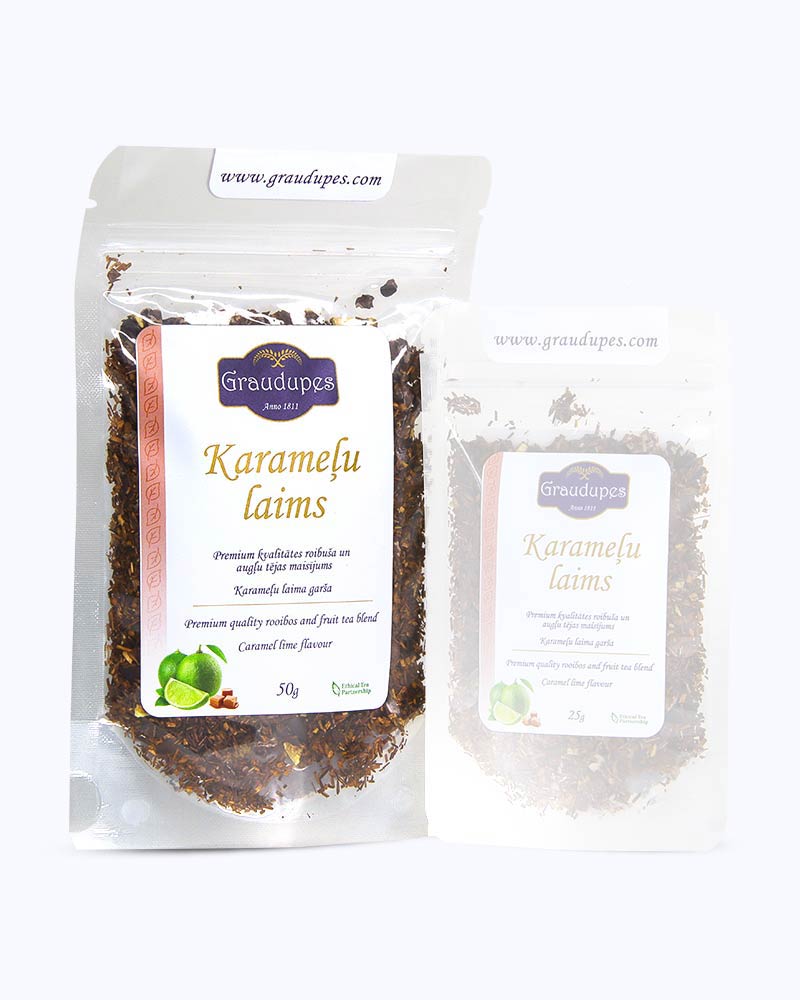 Packed loose leaf tea 50 gram size. Caramel Lime, Graudupes Rooibos Tea Blend, Loose leaf tea Rooibos mix with cocoa pieces and dried lemon peel, Caramel and Lime Taste.
