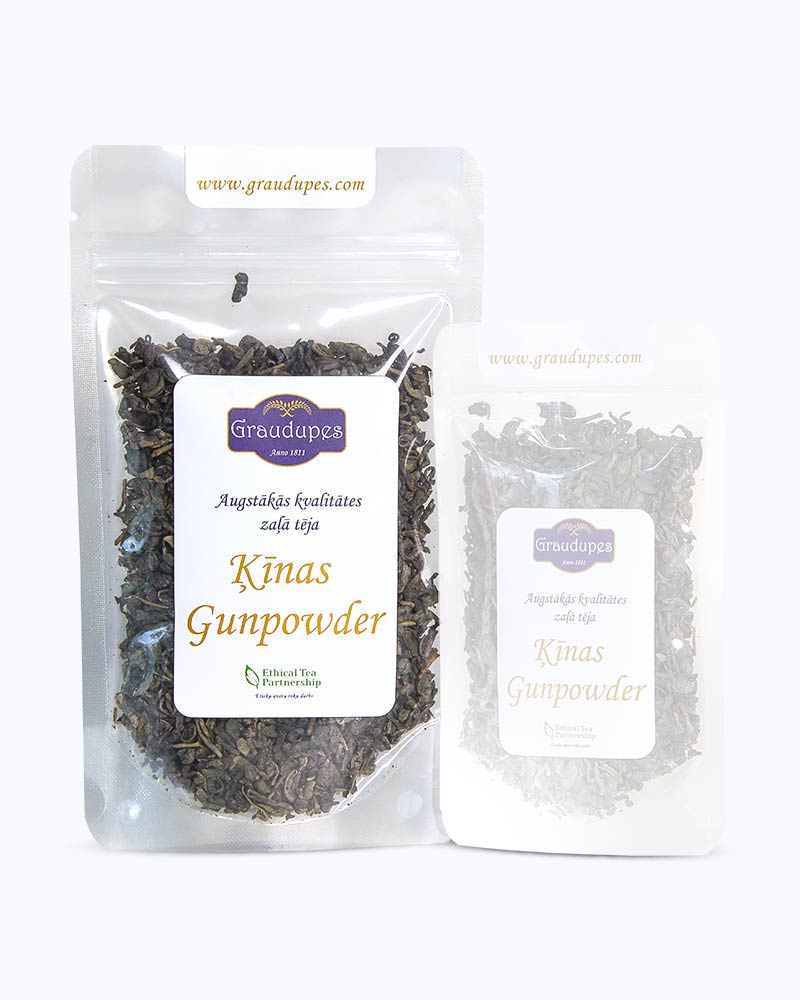 Packed tea 50 gram size. China Gunpowder Tea, Graudupes Classic Green Tea, Premium Loose Leaf Green Tea.