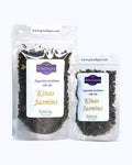 Packed tea two sizes large 50 grams and small 25 grams in transparent doypacks. China Jasmine Tea, Graudupes Classic Green Tea, Premium Loose Leaf Green Tea with Jasmine Flower Petals.