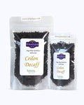 Packed tea two sizes large 50 grams and small 25 grams in transparent doypacks. Ceylon Decaff, Graudupes decaffeinated black tea, whole leaf black tea Ceylon.