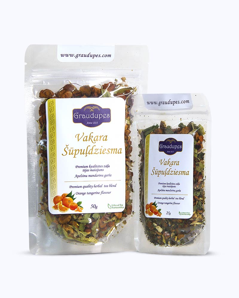 Packed tea two sizes large 50 grams and small 25 grams in transparent doypacks. Evening Lullaby - Graudupes Natural Herbal Tea Blend, Loose leaf tea with Verbena, Tulsi, Valerian, Lady's Mantle and Orange. Calming Herbal Mix.