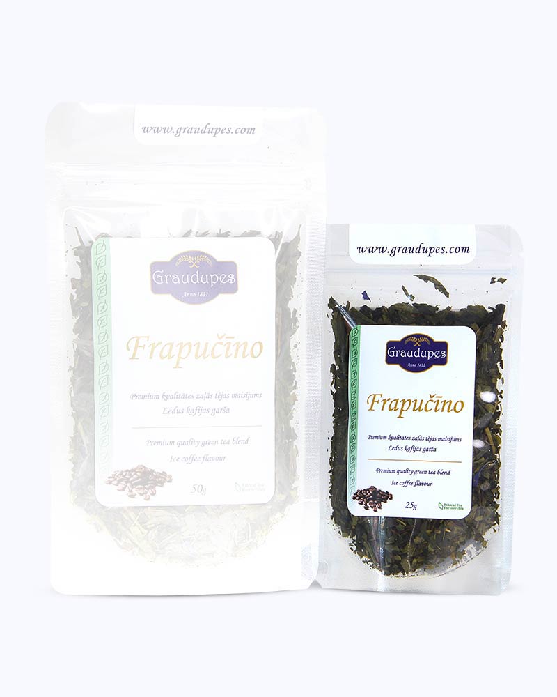 Packed loose leaf tea 25 gram size. Frappuccino, Graudupes Whole Leaf Green Tea Blend, Sencha Loose leaf tea with coffee and cocoa pieces, Iced Coffee and Cream Taste.