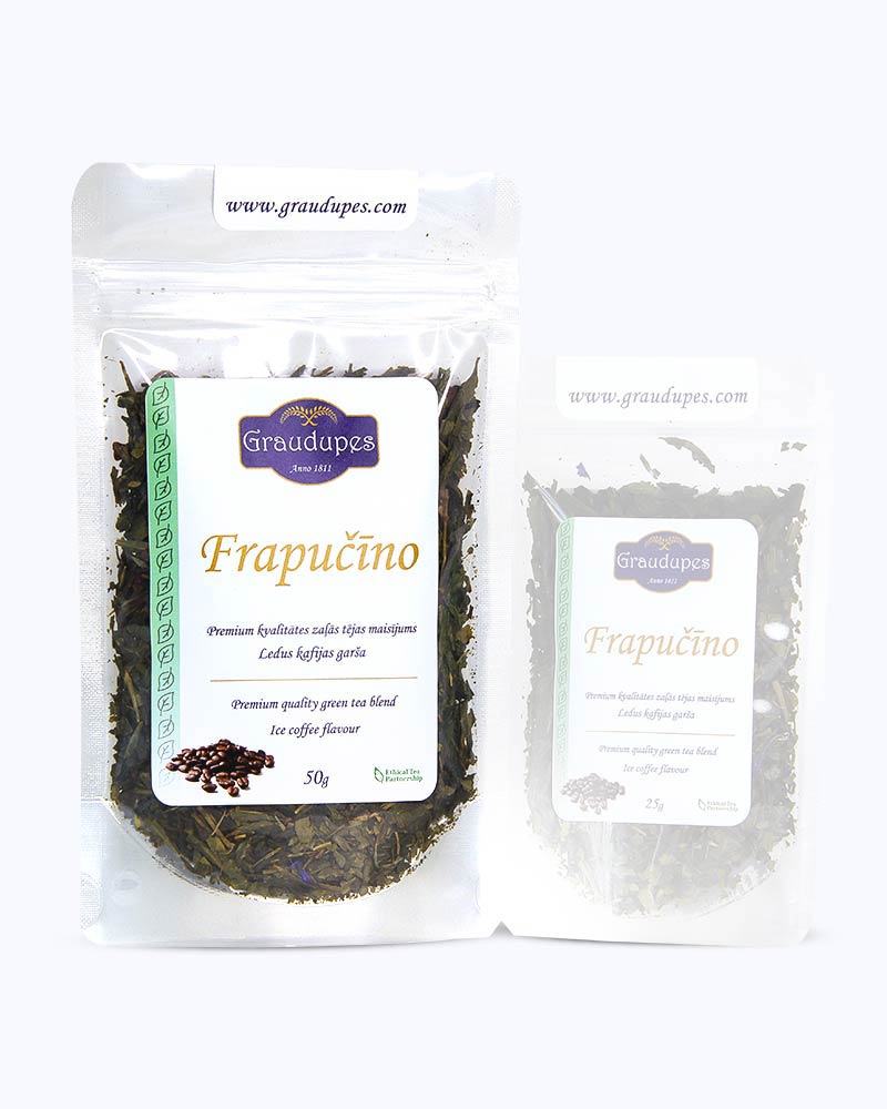 Packed loose leaf tea 50 gram size. Frappuccino, Graudupes Whole Leaf Green Tea Blend, Sencha Loose leaf tea with coffee and cocoa pieces, Iced Coffee and Cream Taste.