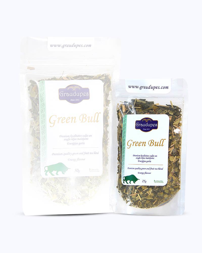 Packed loose leaf tea 25 gram size. Green Bull - Graudupes Whole Leaf Green Tea Blend with Guarana, Sencha, Yerba Mate, and Matcha Loose leaf tea with Energy Drink Taste.