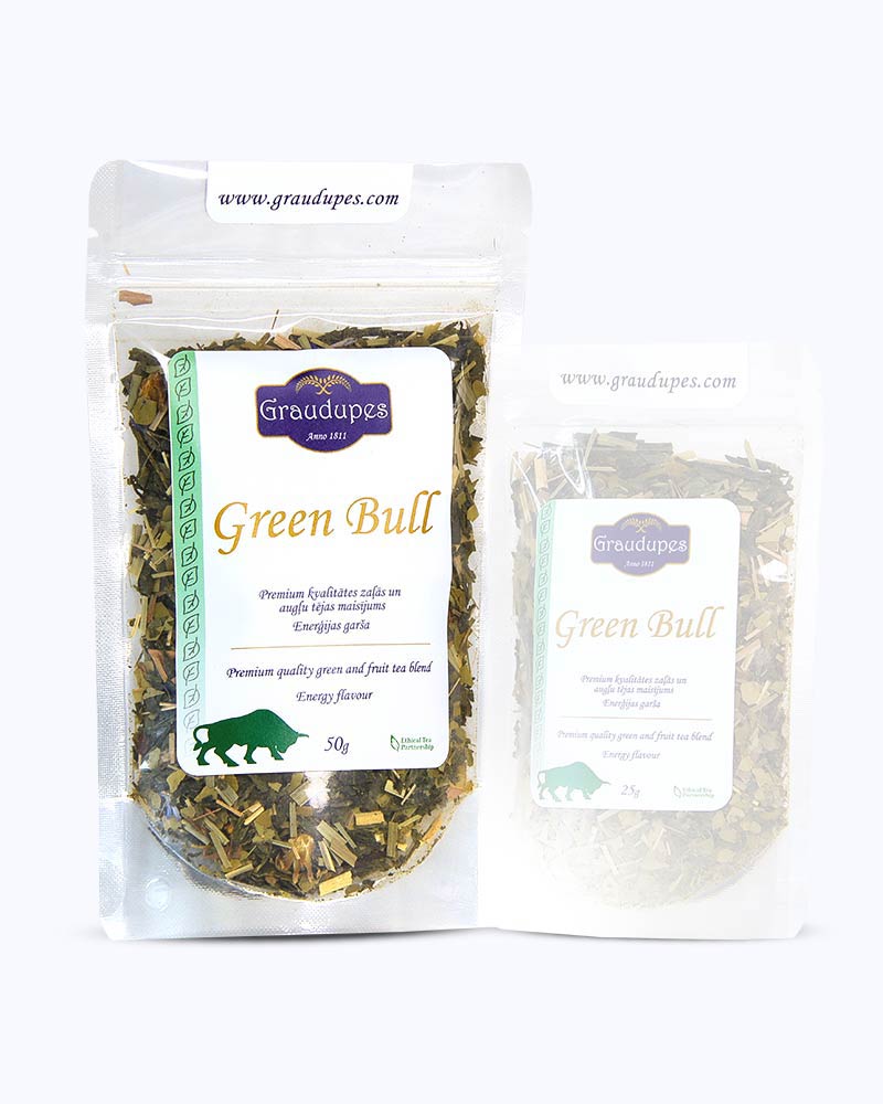 Packed loose leaf tea 50 gram size. Green Bull - Graudupes Whole Leaf Green Tea Blend with Guarana, Sencha, Yerba Mate, and Matcha Loose leaf tea with Energy Drink Taste.