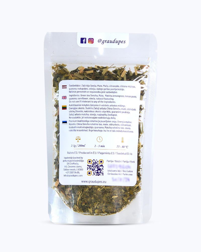 Packed tea in transparent doypack, back side. Green Bull - Graudupes Whole Leaf Green Tea Blend with Guarana, Sencha, Yerba Mate, and Matcha Loose leaf tea with Energy Drink Taste.
