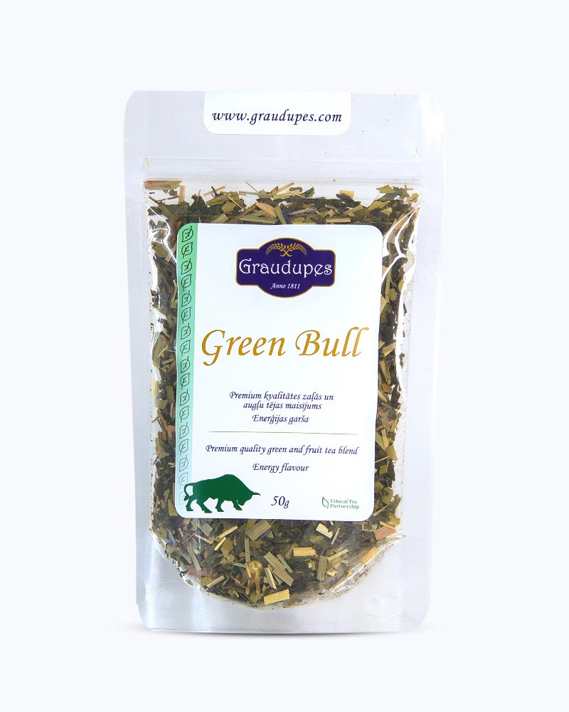 Packed tea in transparent doypack, front side. Green Bull - Graudupes Whole Leaf Green Tea Blend with Guarana, Sencha, Yerba Mate, and Matcha Loose leaf tea with Energy Drink Taste.