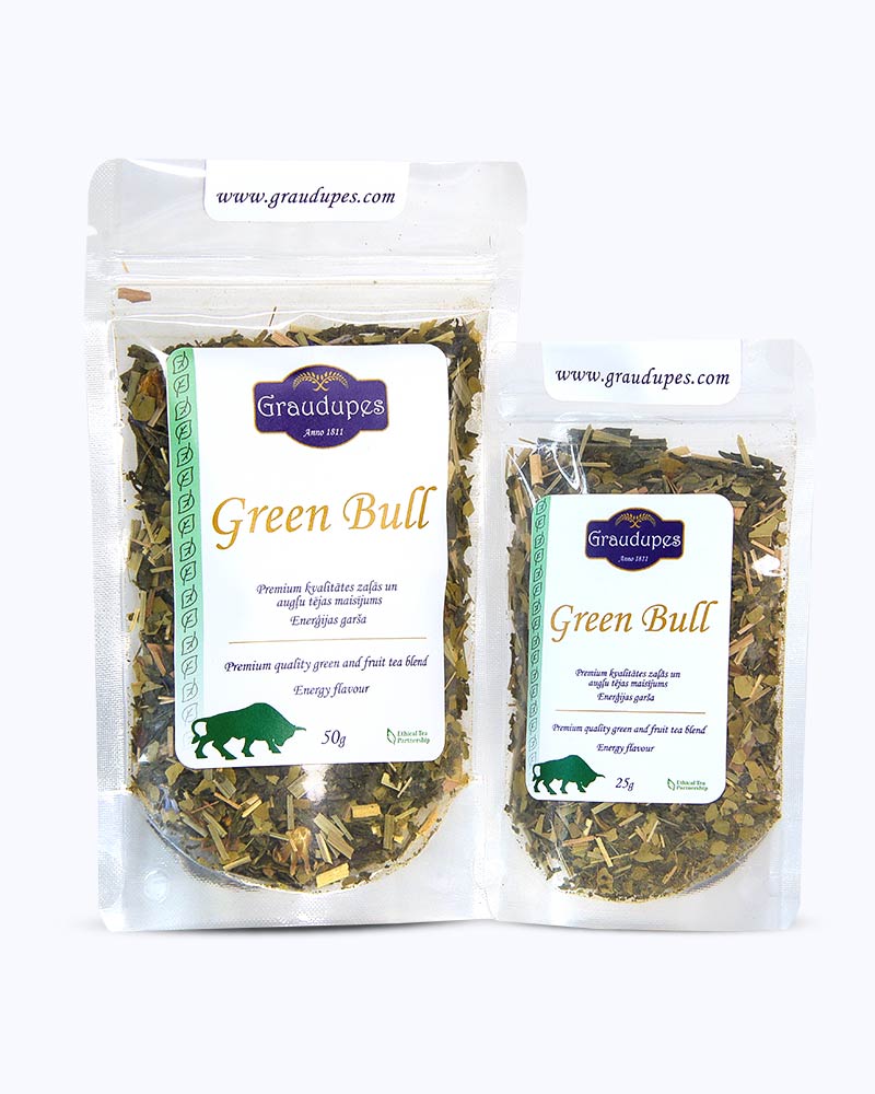 Packed tea two sizes large 50 grams and small 25 grams in transparent doypacks. Green Bull - Graudupes Whole Leaf Green Tea Blend with Guarana, Sencha, Yerba Mate, and Matcha Loose leaf tea with  Energy Drink Taste.