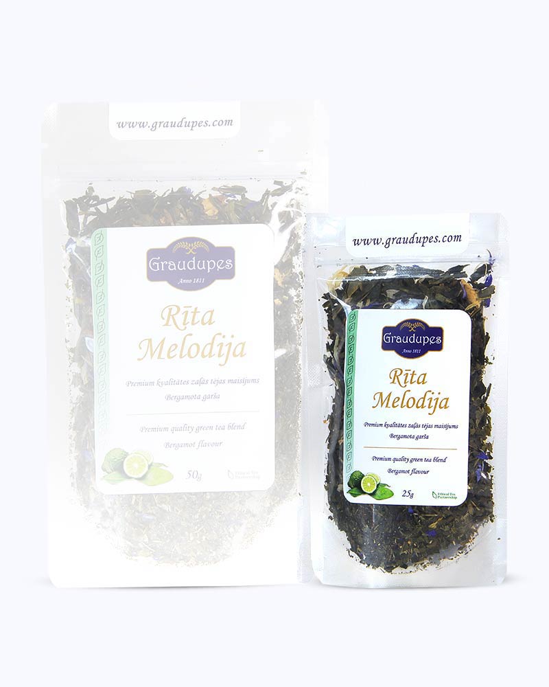 Packed loose leaf tea 25 gram size. Morning Melody, Graudupes Whole Leaf Green Tea Blend, Sencha loose leaf tea with rose petals, Mango and Bergamot Taste.