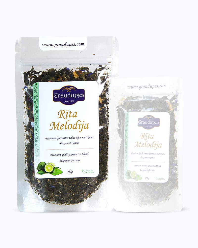 Packed loose leaf tea 50 gram size. Morning Melody, Graudupes Whole Leaf Green Tea Blend, Sencha loose leaf tea with rose petals, Mango and Bergamot Taste.