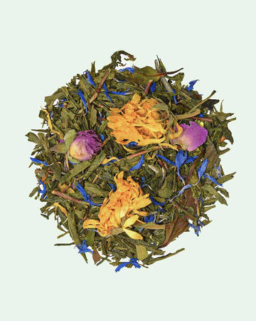 Morning Melody, Graudupes Whole Leaf Green Tea Blend, Sencha loose leaf tea with rose petals, Mango and Bergamot Taste.