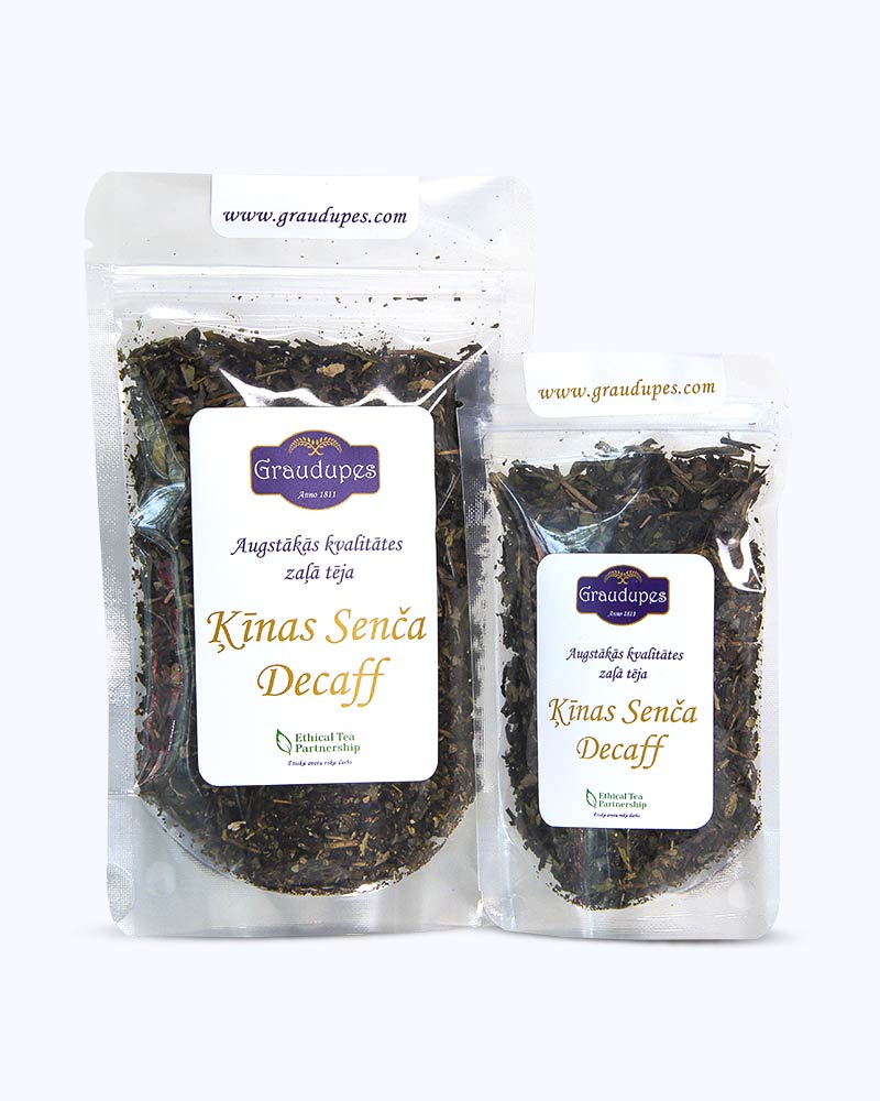 Packed tea two sizes large 50 grams and small 25 grams in transparent doypacks. Sencha Decaf, Graudupes decaffeinated green tea sencha, whole leaf green tea.