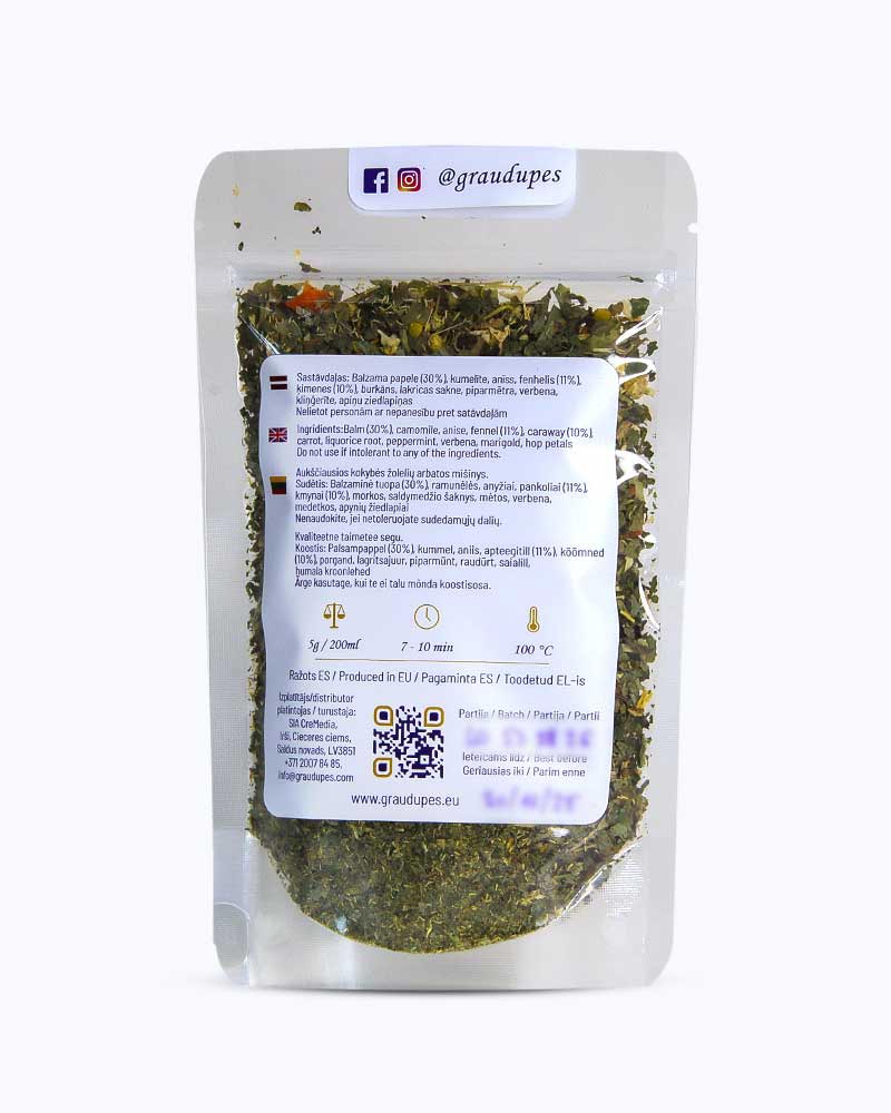 Packed tea in transparent doypack, back side. Stomach Elixir, Graudupes Natural Herbal tea blend, Loose leaf tea with Stomach Settling Herbs Mix.