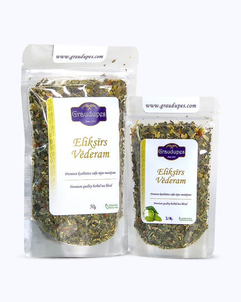 Packed tea two sizes large 50 grams and small 25 grams in transparent doypacks. Stomach Elixir, Graudupes Natural Herbal tea blend, Loose leaf tea with Stomach Settling Herbs Mix.