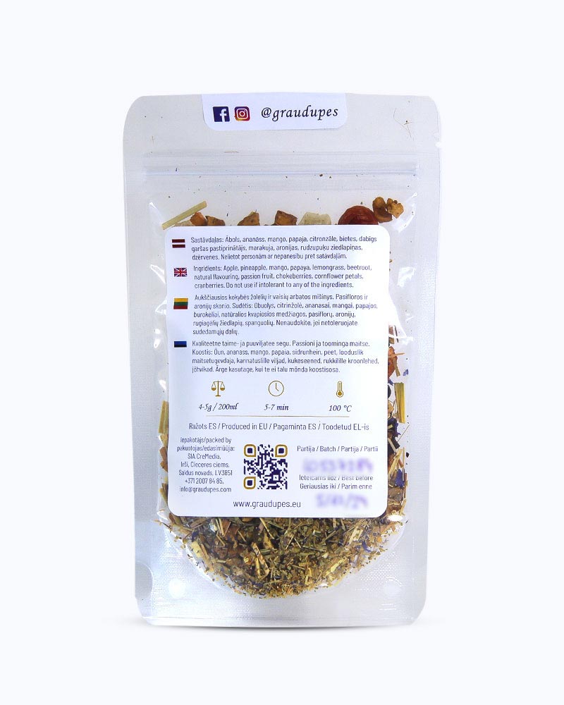 Packed tea in transparent doypack, back side. Twilight, Graudupes Fruit Tea Blend, Loose leaf tea with Passion Fruit and Chokeberry Pieces.
