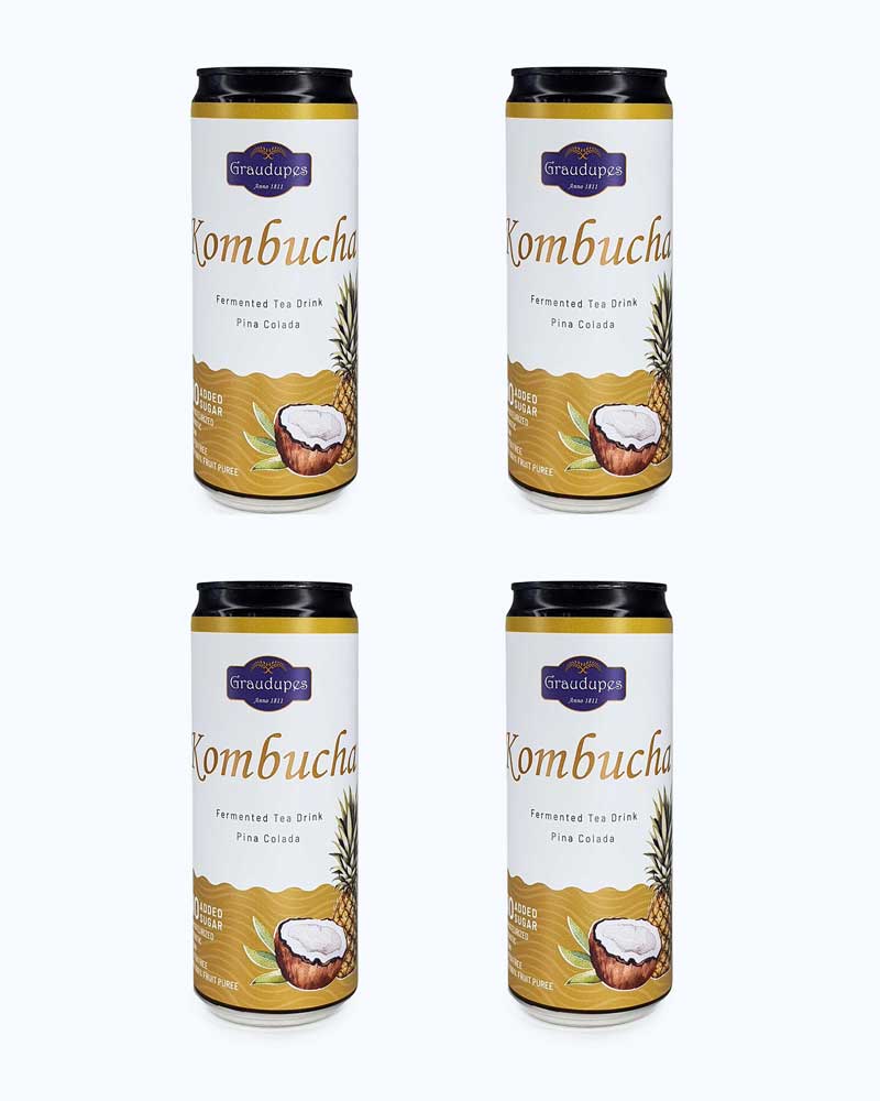 pack of 4 cans, Graudupes Coconut & Pineapple Kombucha (Piña Colada) - Natural Fermented Tea Drink With Fruit Juice and Probiotics.