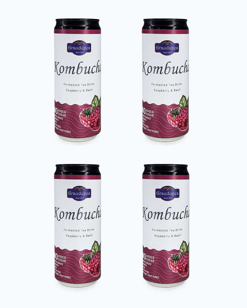 pack of 4 cans x 330ml, Graudupes Raspberry & Basil Kombucha - Natural Fermented Tea Drink With Fruit Juice and Probiotics.