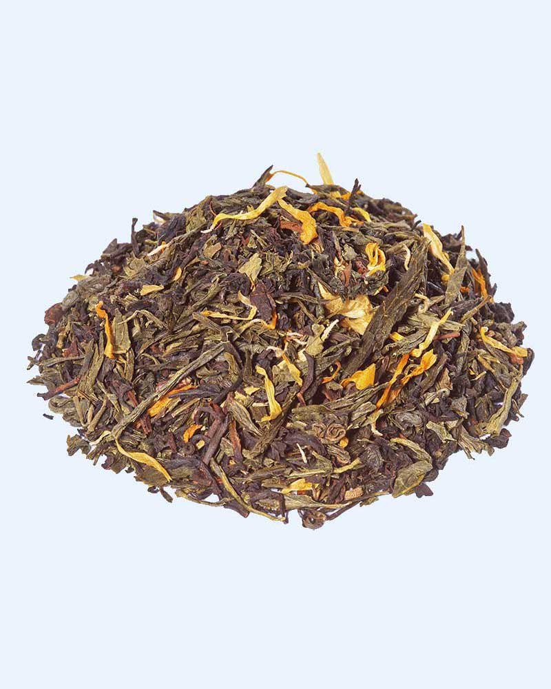 Peach Caramel - Graudupes Green Tea & Black Tea Blend. Gunpowder tea, Sencha tea, Assam tea Loose Leaf Tea with marigold rose petals and peach caramel flavour.